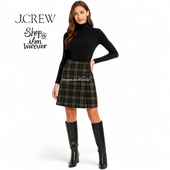 J.Crew vintage fine wool olive/sage tartan plaid double buckle wrap kilt/skirt - Picture 1 of 8